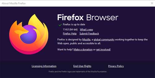 The “About Mozilla Firefox” screen in Windows 7