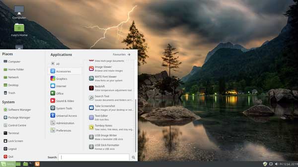 Linux Mint desktop showing open Start menu