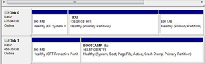 Windows Disk Management console showing the Macintosh (OS X) and Bootcamp (Windows) hard drives and partitions.