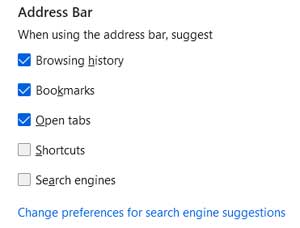 Search options for the address bar in your browser.