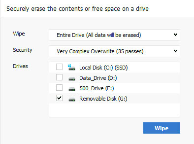 Secure erasure of a removable drive in CCleaner Tools.