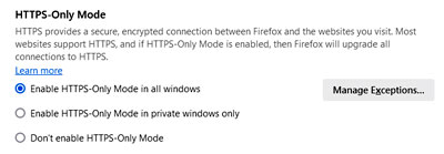 Firefox's HTTPS options in settings