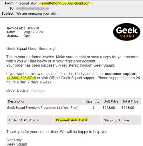 Typical “Geek Squad” scam email