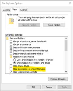 “Show hidden files, folders and drives” dialogue box.