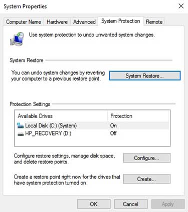 Screen capture showing the Windows 10 System Properties dialogue box