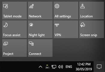 Screen capture showing the Windows 10 notifications center