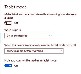 Screen capture showing the Windows 10 Tablet Settings