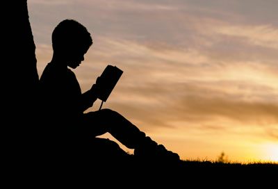 Silhouette of a child sitting behind a tree during sunset reading a book.