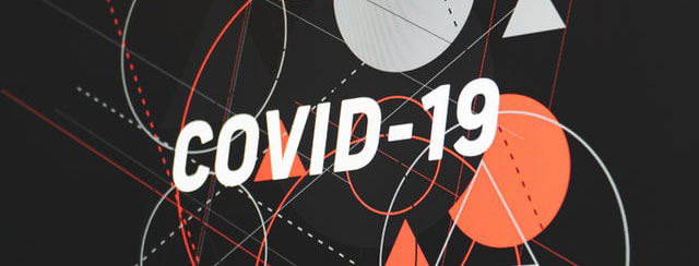 COVID-19 on a black background with circles and disks.