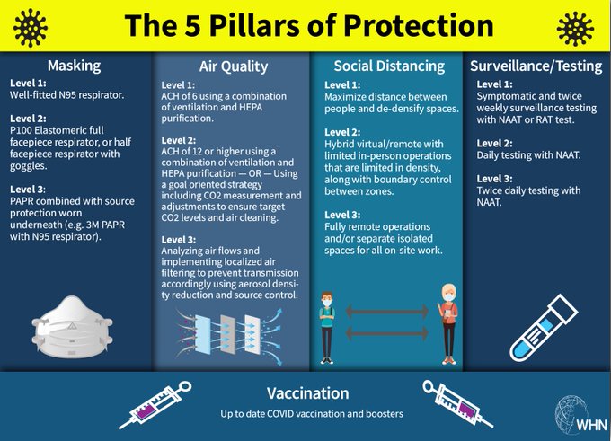 The 5 pillars of protection: masking, air quality, social distancing, surveillance/testing, vaccination.