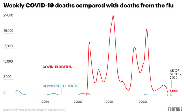 Weekly COVID-19 deaths compared with deaths from the flu. Source: Fortune