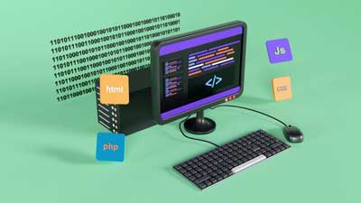A computer monitor shows some HTML code. HTML, CSS, JavaScript and PHP are displayed on tiles around the monitor.