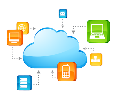 A stylized cloud with icons for computers, laptops, email, etc.