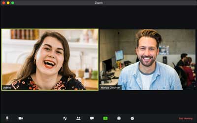 A virtual screen capture of a “virtually” meeting showing two people chatting.